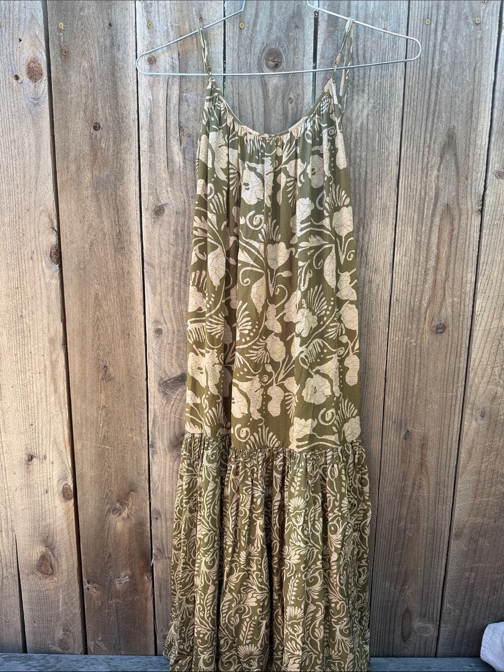 La Boheme Silk Olive Green Floral Maxi Dress